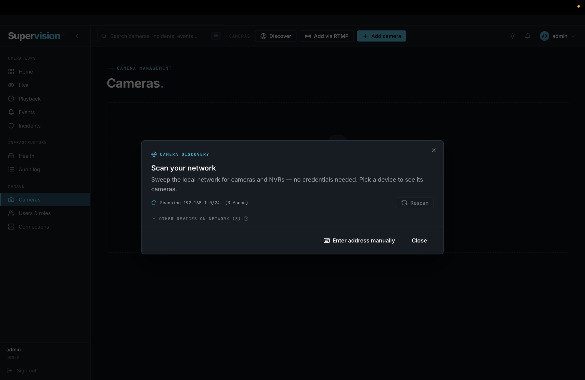 Camera discovery in Supervision scanning a subnet for devices.