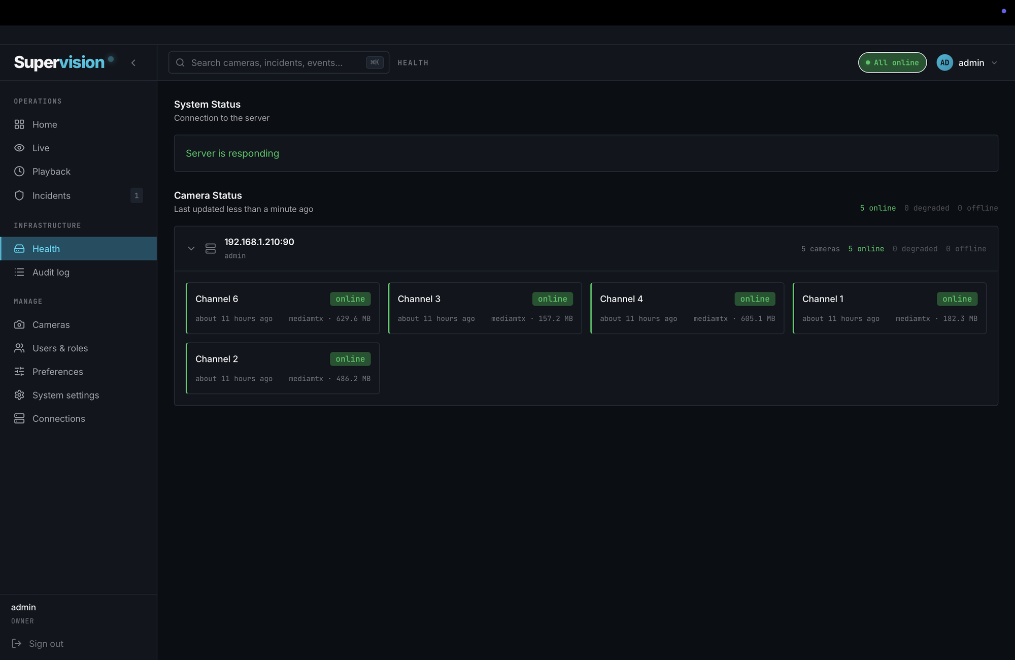 Supervision health page: server responding, five cameras online with per camera storage.