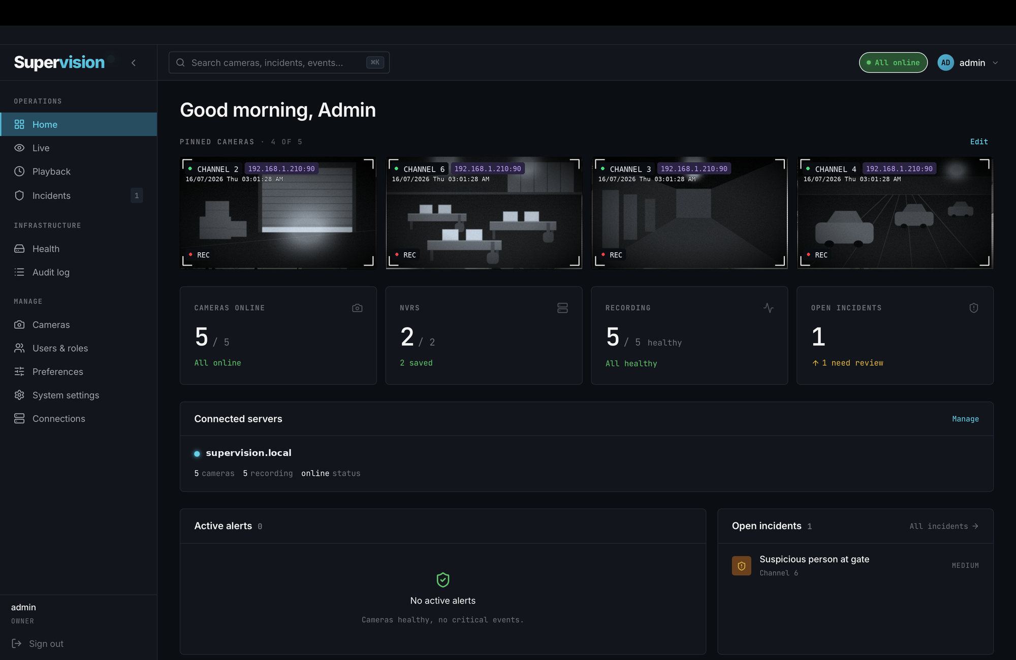 The Supervision dashboard: pinned live cameras, fleet statistics, connected servers, and open incidents at a glance.