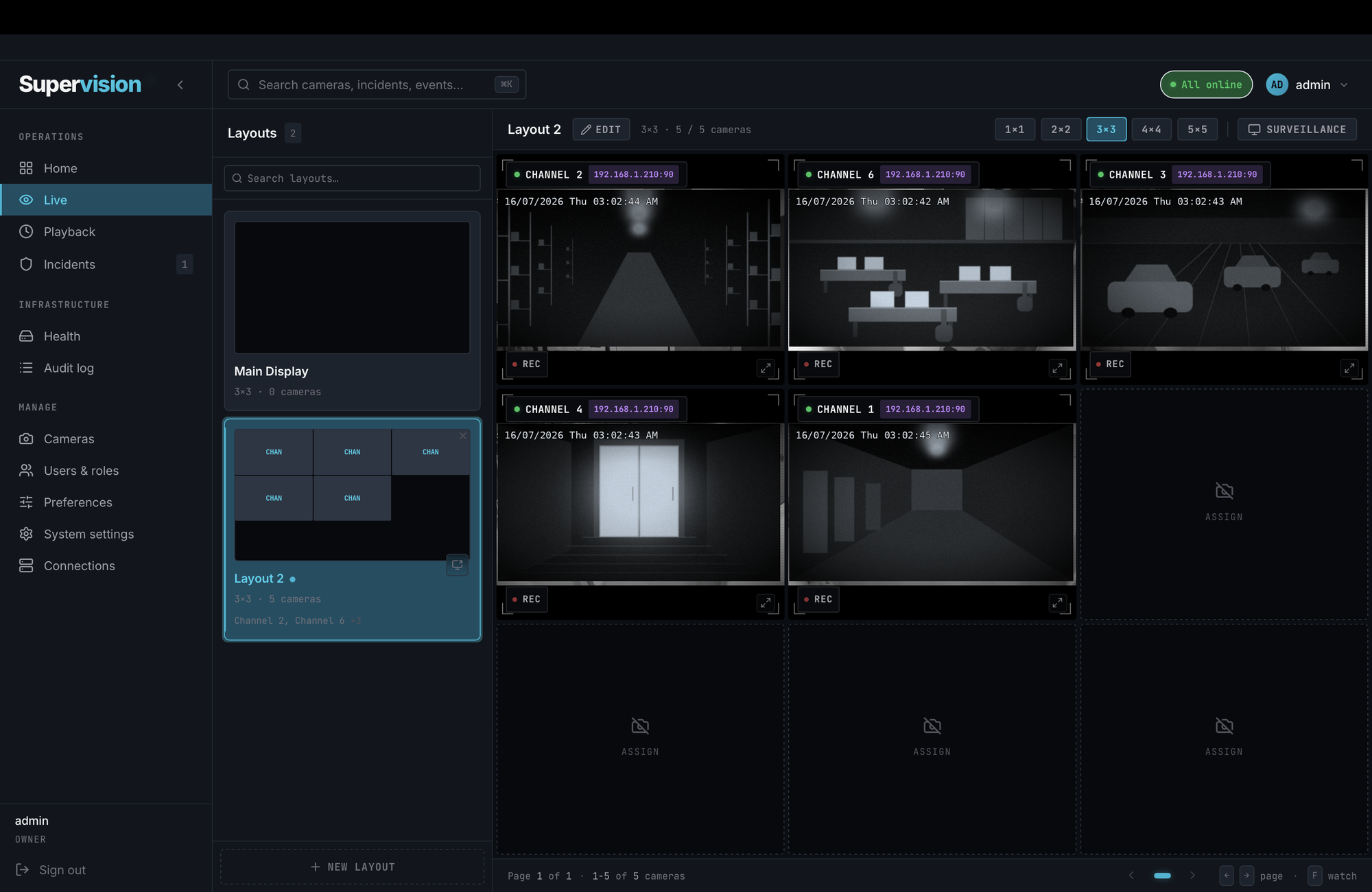 Supervision live view with a saved 3x3 layout, five cameras streaming and empty tiles ready to assign.