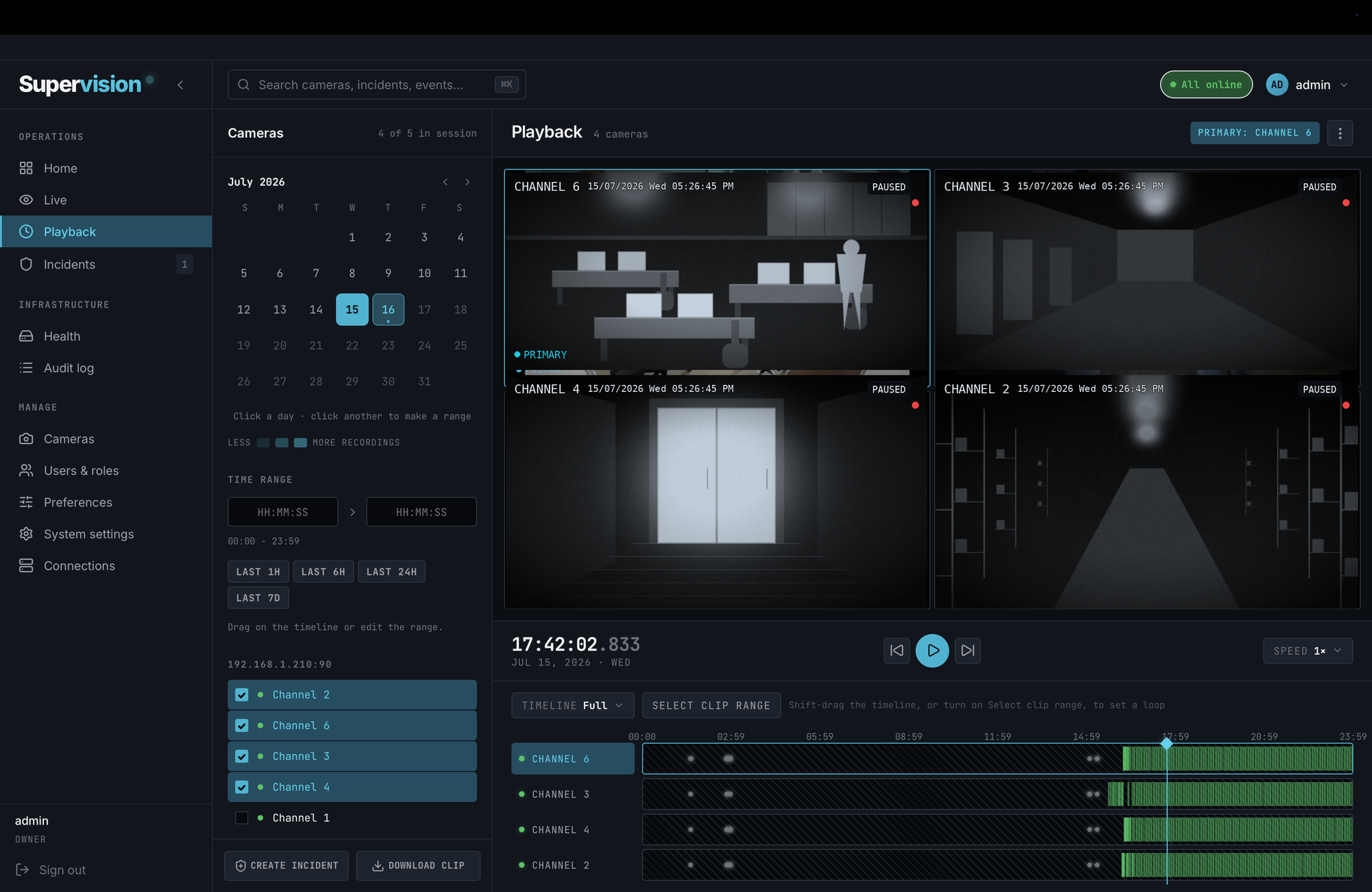 Supervision playback: four synced cameras, a recording calendar, and per channel timelines with recorded segments.