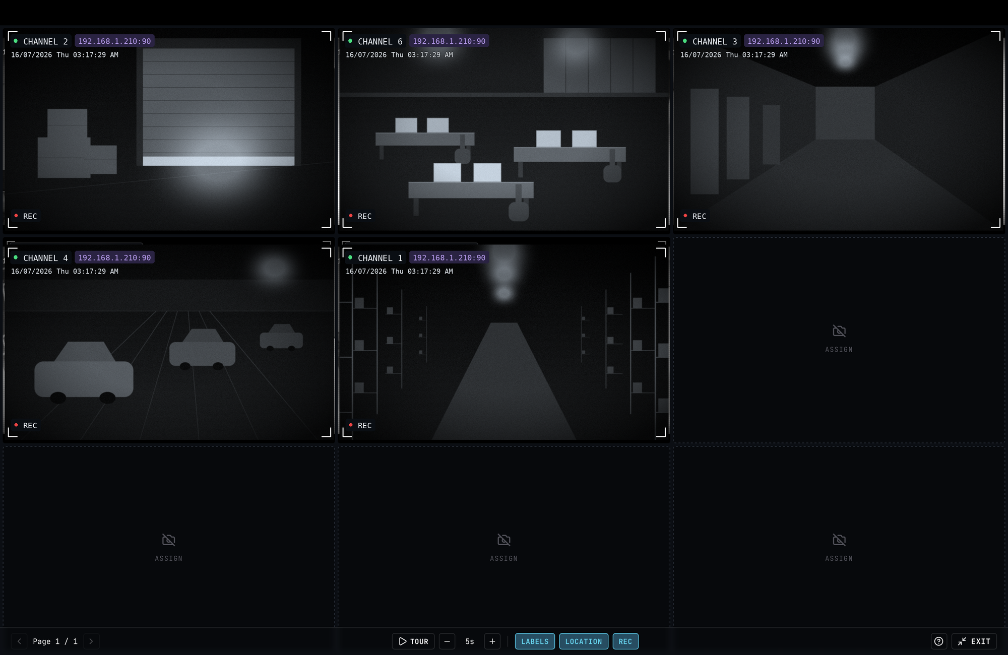 Supervision surveillance mode: a fullscreen camera wall with tour controls and overlay toggles.